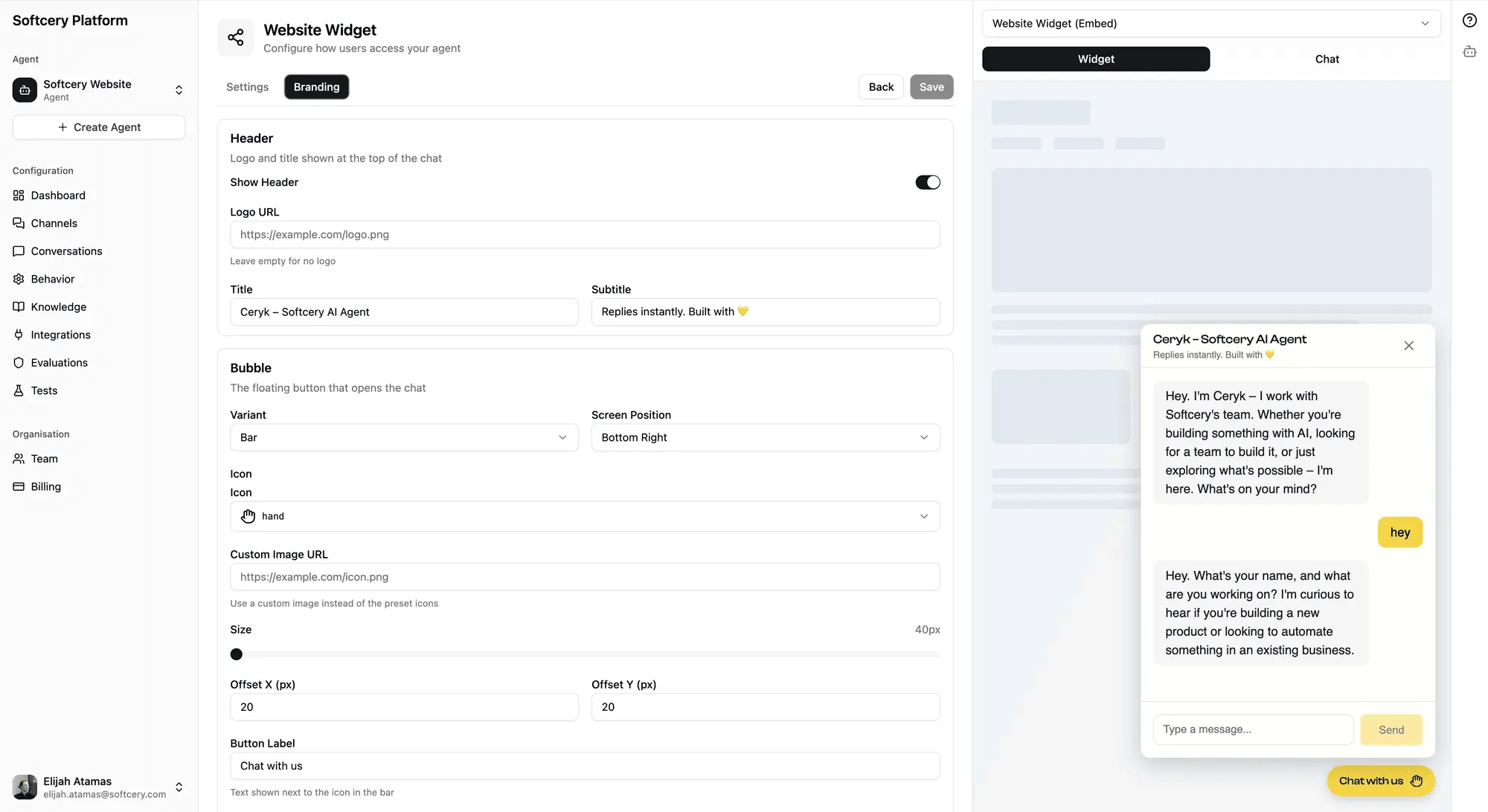 Branding configuration with header, bubble settings, and live chat preview