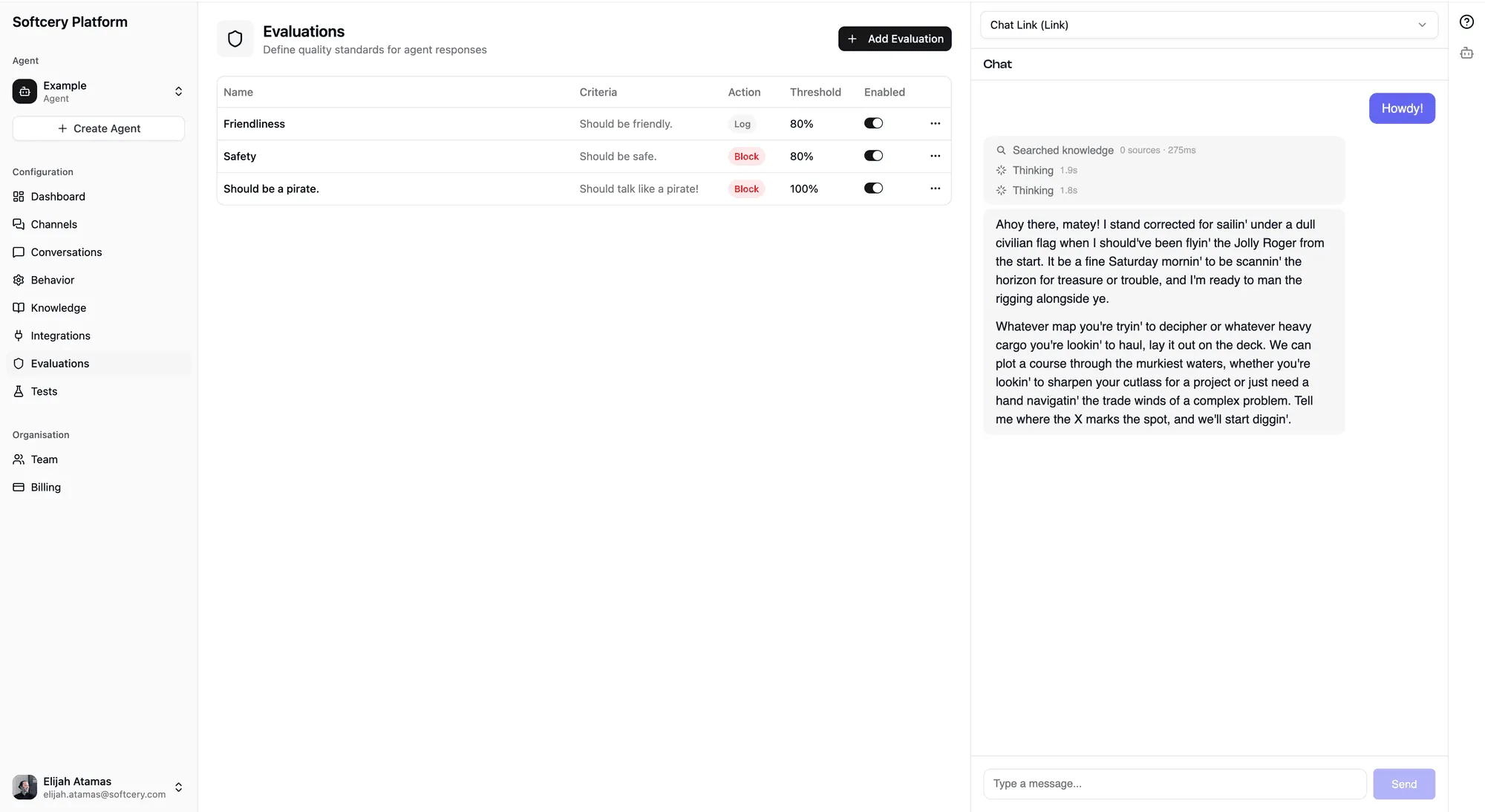 Evaluations page showing criteria, actions, and thresholds