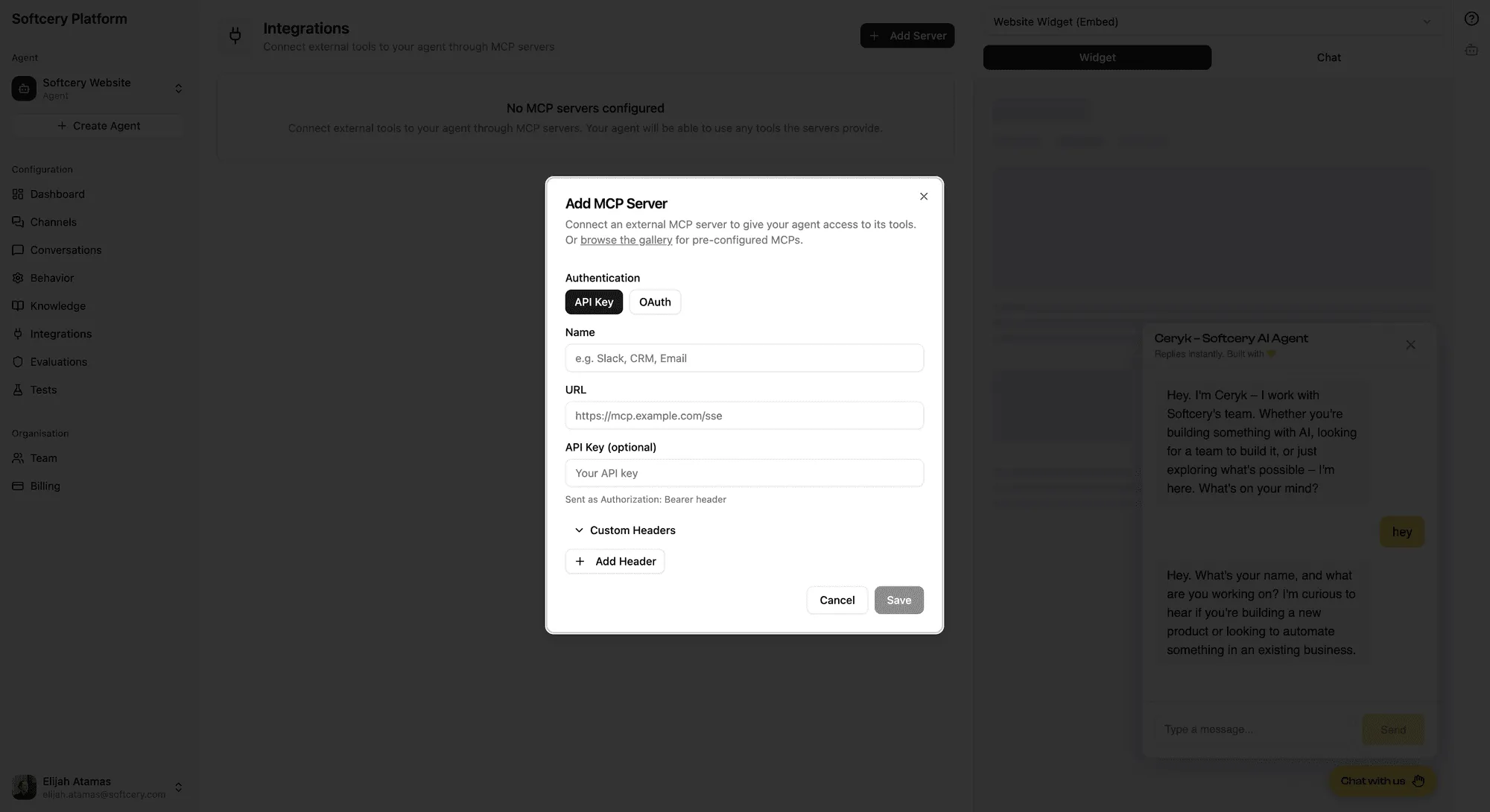 Add MCP server dialog with name, URL, and authentication fields
