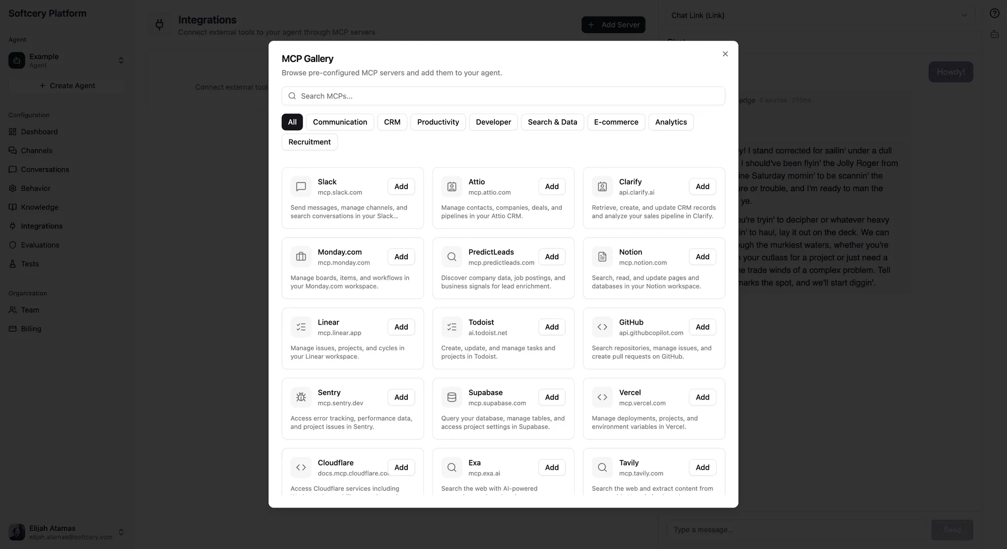 MCP gallery showing pre-configured integrations across categories